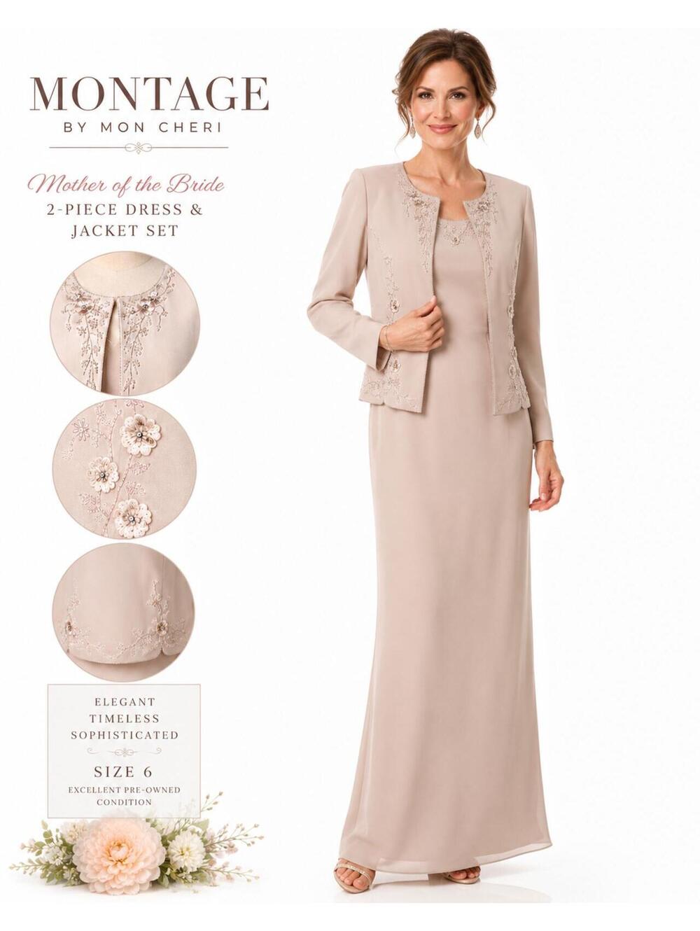 Montage by Mon Cheri Beaded Mother of the Bride Dress Jacket Set Blush Champagne